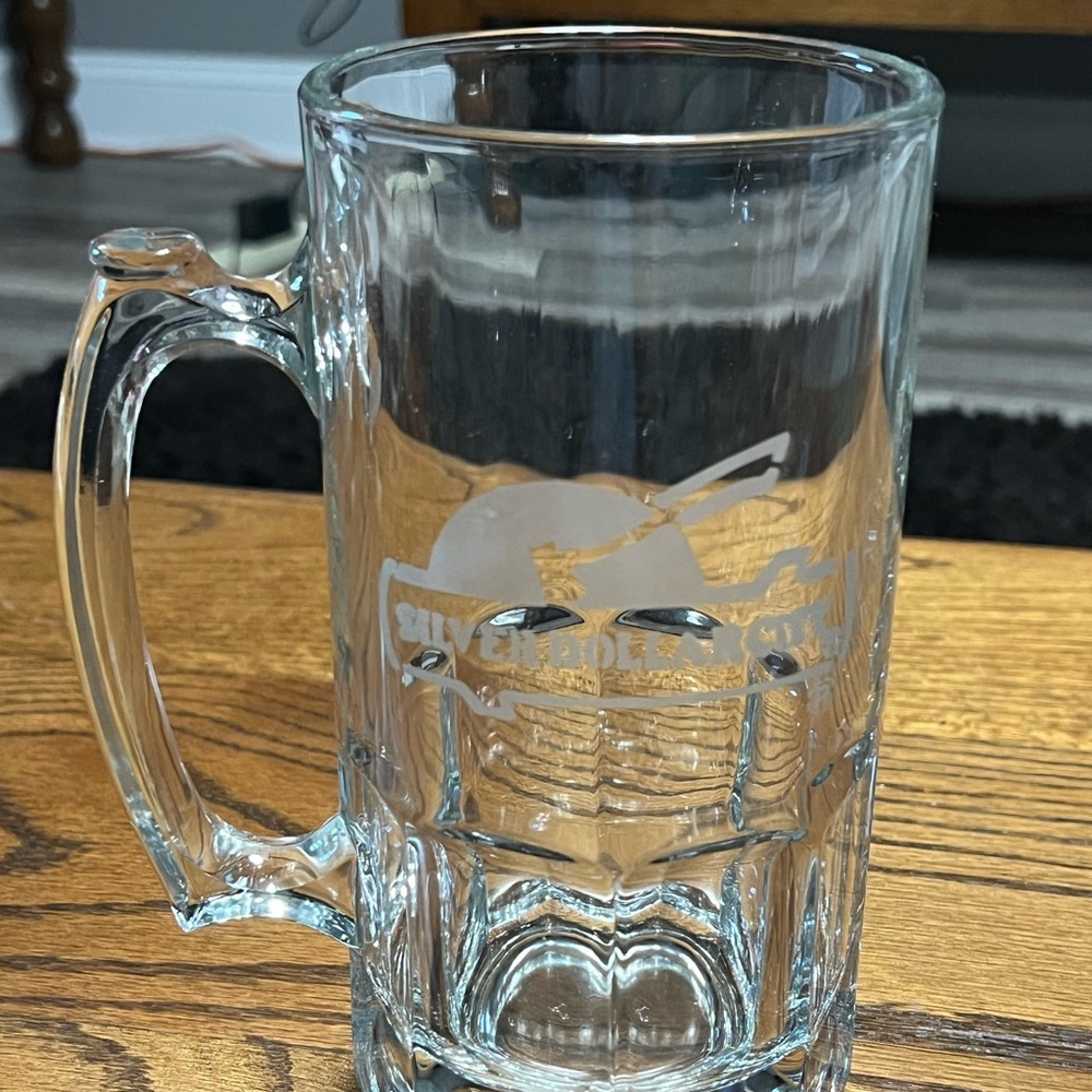 Vintage Silver Dollar City Etched 8” Tall Glass Mug Stein BIG 32oz Grandfathered